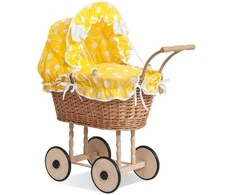 My Sweet Baby Lėlės pintas vežimėlis su gelta patalyne – natūralus