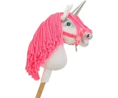 Super Hobby Horse Vienaragis Hobby Horse lazdoje su neonine rožine karčiene ir sidabriniu ragu