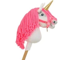 Super Hobby Horse Hobby Horse vienaragis ant lazdos su rožine karčiene ir auksiniu ragu