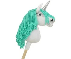 Super Hobby Horse Hobby Horse vienaragis su lazda balta spalva su mėtų karčiais ir sidabriniu ragu