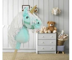 Super Hobby Horse Vienaragis Hobby Horse su lazda mėtų spalvos su balta karčiais ir auksiniu ragu