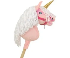 Super Hobby Horse Hobby Horse vienaragis ant lazdos rožinis su balta karčiene ir auksiniu ragu