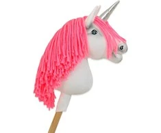 Super Hobby Horse Vienaragis Hobby Horse lazdoje su neonine rožine karčiene ir sidabriniu ragu
