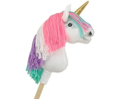 Hobby Horse vienaragis ant lazdos su spalvota karčiene ir auksiniu ragu A4