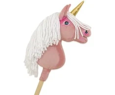 Super Hobby Horse Vienaragis Hobby Horse lazdoje pastelinės rožinės spalvos su balta karčiais A4
