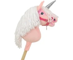 Super Hobby Horse Hobby Horse vienaragis ant lazdos rožinis su balta karčiene ir sidabriniu ragu