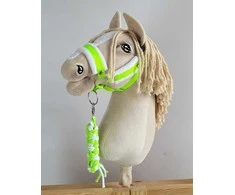 Super Hobby Horse Hobio žirgo kantaras su balta pūkuota apdaila ir pavadžiu – neoninis žalias / baltas