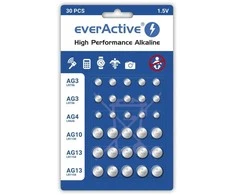 30 vnt. everActive mini šarminių baterijų rinkinys 10 x G3 / LR41, 5 x G4 / LR626, 5 x G10 / LR1130, 10 x G13 / LR1154