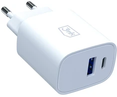 3MK FlowPower USB-A + USB-C 30W PD 3.0 QC4+ Laidinis įkroviklis, baltos spalvos