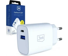 3MK FlowPower USB-A + USB-C 30W PD 3.0 QC4+ Laidinis įkroviklis, baltos spalvos