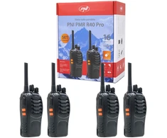 4 nešiojamų radijo stotelių rinkinys PNI PMR R40 PRO, komplekte yra baterijos, įkrovikliai ir ausinės