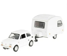 Daffi Carm Modeliukas 1:43 Fiat 126p + Niewiadów caravan, baltos spalvos