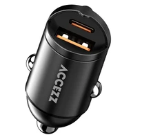 Accezz automobilinis įkroviklis | Greitasis įkroviklis su 2 prievadais – USB-A 30 vatų + USB-C 65 vatai – Juodas