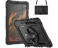 Accezz tvirtas galinis dangtelis su peties dirželiu, skirtas Samsung Galaxy Tab S8 Plus / S7 Plus / S7 FE 5G – juodas
