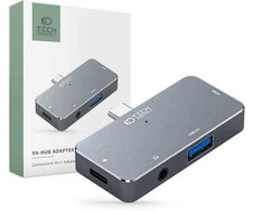 Adapteris HUB 4in1 SB-C – USB + USB-C + HDMI + AUX Minijack 3.5mm Tech-Protect V6 pilkos spalvos