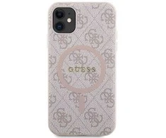 Apple iPhone 11 Guess dėklas 4G Collection odinis Metal Logo MagSafe (GUHMN61G4GFRP) rožinės spalvos