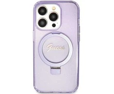 Guess GUHMN61HRSGSU Apple iPhone 11 / Xr 6.1″ violetinės spalvos kietas dėklas Ring Stand Script Glitter MagSafe