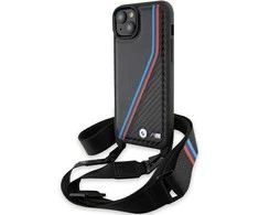 Dėklas BMW BMHCP15S23 PSVTK Apple iPhone 15 14 13 6.1″ juodos spalvos kietas dėklas M Edition Carbon Tricolor Lines & S