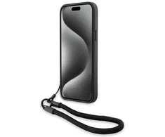 Dėklas BMW BMHCP15S23RMRLK Apple iPhone 15 14 13 6.1″ juodos spalvos kietas dėklas Signature Leather Wordmark Cord