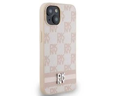 Apple iPhone 13 / 14 / 15 DKNY odinis dėklas Checkered Mono Pattern &amp; Printed Stripes (DKHCP14SPCPTSSP) rožinės spalvos