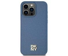 DKNY DKHMP15SPSHRPSB Apple iPhone 15 14 13 6.1 inch mėlynas kietas dėklas Leather Pattern Metal Logo MagSafe