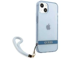 Guess GUHCP13MHTSGSB Apple iPhone 13 / 14 / 15 6.1" mėlynas kietas dėklas su permatomu dirželiu