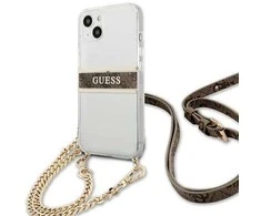 „Guess“ GUHCP13SKC4GBGO Apple iPhone 13 mini 5,4" skaidrus kietas dėklas 4G rudos spalvos dirželis auksinis grandinėlė