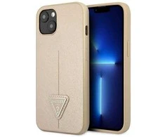 Guess GUHCP13SPSATLE iPhone 13 mini 5,4 colio mažesnis/smėlio spalvos kietas dėklas SaffianoTriangle logotipas