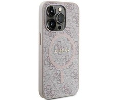 Apple iPhone 13 Pro Max Guess dėklas 4G Collection odinis Metal Logo MagSafe (GUHMP13XG4GFRP) rožinės spalvos