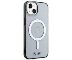 BMW BMHMP14SHCRS dėklas Apple iPhone 14 15 13 6.1″ skaidrus kietas dėklas Sidabrinis Ring MagSafe