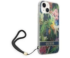 Guess GUOHCP14SHFLSB Apple iPhone 14 / 15 / 13 6.1" mėlynas kietas dėklas su gėlių formos dirželiu