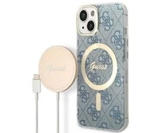 Apple iPhone 14 Plus Guess dėklas 4G Print MagSafe + Belaidis Įkroviklis (GUBPP14SH4EACSW) mėlynos spalvos