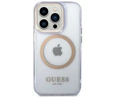 Guess dėklas iPhone 14 Pro 6,1 GUHMP14LHTCMU violetinė HC Magsafe Gold Outline Translucent