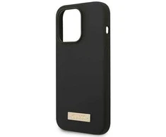 Apple iPhone 14 Pro Guess Dėklas silikoninis Logo Plate MagSafe juodos spalvos