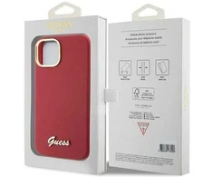 Guess GUHCP15SSMBSLM iPhone 15 / 14 / 13 6.1″ magentinis kietas dėklas Silicone Script Metal Logo & Frame