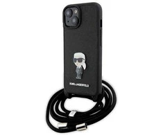 Apple iPhone 15 Karl Lagerfeld dėklas Crossbody Saffiano Monogram Metal Pin Karl &amp; Choupette (KLHCP15SSASKNPSK) juodos spalvos