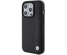 Dėklas BMW BMHCP15L22RDPK Apple iPhone 15 Pro 6.1″ juodos spalvos kietas dėklas Leather Textured &amp; Stripe