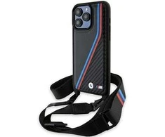 Dėklas BMW BMHCP15L23PSVTK Apple iPhone 15 Pro 6.1″ juodos spalvos hardcase M Edition Carbon Tricolor Lines &amp; Strap