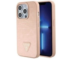 Guess GUHCP15LPCRTHCP Apple iPhone 15 Pro 6.1″ rožinės spalvos kietas dėklas Croco Triangle Metal Logo