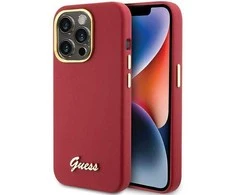 Apple iPhone 15 Pro Guess dėklas Silicone Script Metal Logo &amp; Frame (GUHCP15LSMBSLM) raudonos spalvos