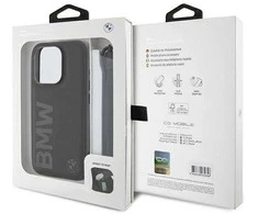 Dėklas BMW BMHCP15X23RMRLK Apple iPhone 15 Pro Max 6.7″ juodos spalvos kietas dėklas Signature Leather Wordmark Cord