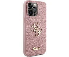 Guess PU Fixed Glitter 4G Metal Logo dėklas skirtas Apple iPhone 15 Pro Max rožinės spalvos