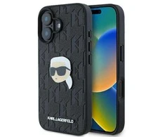 Apple iPhone 16 Karl Lagerfeld Saffiano Monogram Karl Head Pin (KLHCP16SPGKLKIPK) dėklas telefonui juodos spalvos