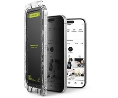 Ringke iPhone 15/ 16 ekrano apsauga Easy Slide Privacy grūdintas stiklas 9H su montavimo rėmeliu (2 vnt.) skaidrus
