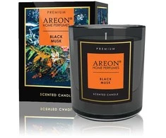 Aromatinė žvakė Juodas MUSK su kortele palinkėjimui įrašyti ir degtukais (~40 h), 200g │ AREON