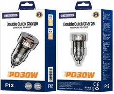 Automobilinis įkroviklis 30W PD USB-C + USB 3.0 Jellico F12 juodos spalvos
