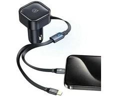 USAMS automobilinis įkroviklis with retractable cable 1xUSB-C+1x Lightning C41 PD 30W Fast Charge juodas/juodas CC2