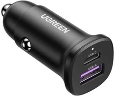 Automobilinis įkroviklis 30W USB-C + USB UGREEN EC305 juodos spalvos
