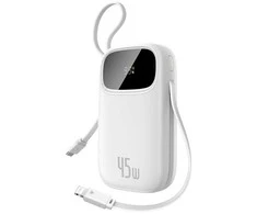 Baseus „EnerFill FC31“ 20000mAh 45W išorinė baterija su skaitmeniniu ekranu ir 2 integruotais laidais (USB-C + „Lightning“) – balta