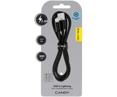 Oem Blavec kabelis Candy braided – USB į Lightning – 2,4A 3 metrai (CCA-UL24B30) juodos spalvos
